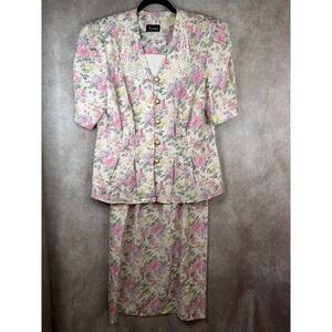 VTG 80/90s Jenny Skirt Set Womens 16 Multicolor Floral Lace Collar 2pc Made USA